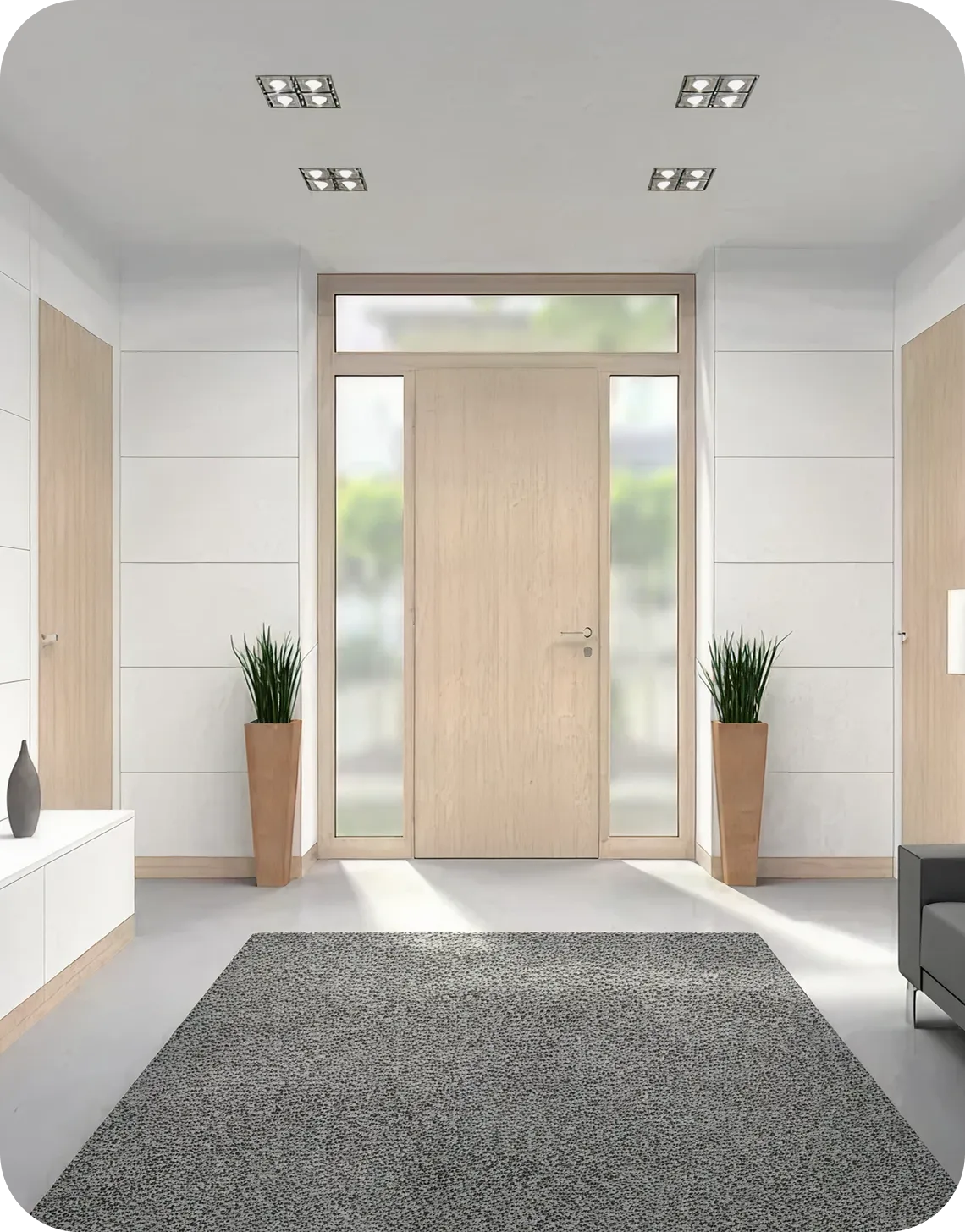 Modern hallway with plants and rug.